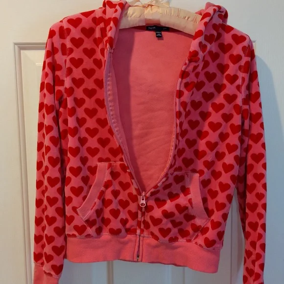 GapKids Vintage Y2K Heart Zip Up Hoodie Velour Girls XXL 14-16 Pink Red Full Zip - Picture 5 of 11
